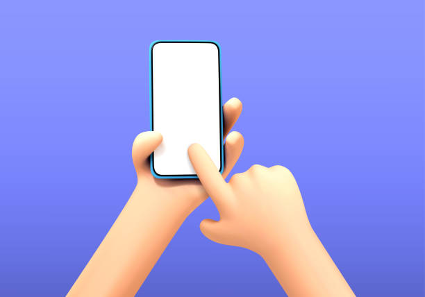 istock Vector cartoon hand holding and touching phone mockup template. Cartoon hands with smartphone, scrolling or searching for something. Cartoon hand holding smartphone isolated on blue background. 1830313915