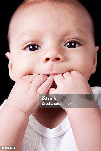 Bambino Con Le Mani In Bocca - Fotografie stock e altre immagini di Anello per la dentizione - Anello per la dentizione, Bebé, 2-5 Mesi
