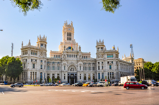 Madrid, Spain - June 2018: Cybele palace on Cibeles square in Madrid