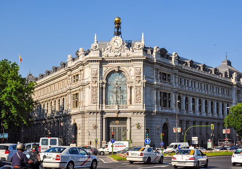 Madrid, Spain - June 2018: Bank of Spain (Banco de Espana) on Cibeles square in Madrid