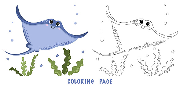 Coloring page of cartoon cute happy stingray for design element. Vector illustration of funny sea animal on a white background. hildren's coloring book with color example.