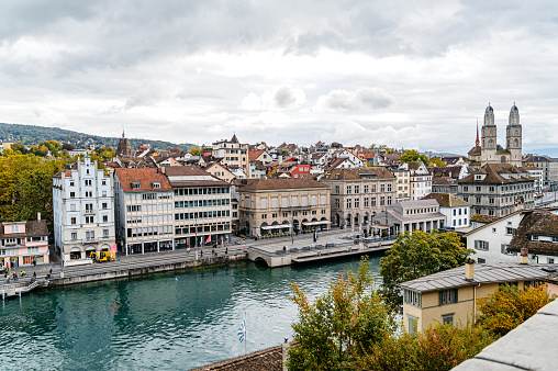 View of the historic center of Zurich with Limmat river in Switzerland.
