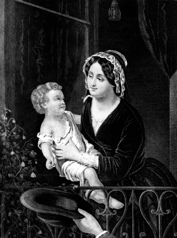 Engraving of a woman and child from 1857 book of ladies' fashion.  The engraving is now in the public domain.