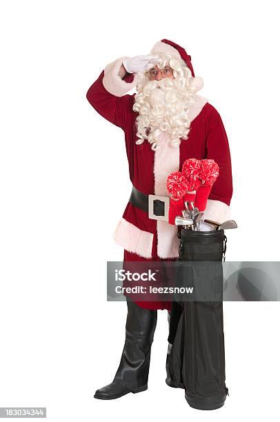 Sporty Santa Clause With Golfing Clubs Stock Photo - Download Image Now - Athlete, Celebration Event, Christmas