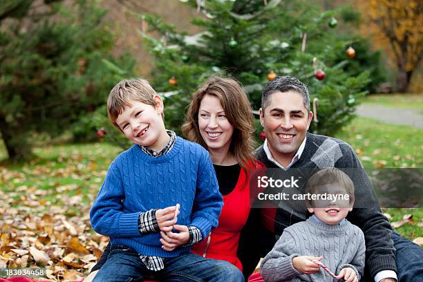 Retrato De Família Ao Ar Livre Mãe Pai E Dois Filhos No Natal - Fotografias de stock e mais imagens de 2000-2009