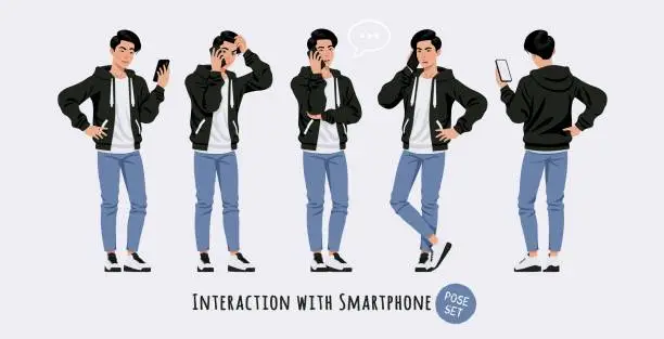 Vector illustration of Asian guy, korean narrow eye man smartphone social interaction set