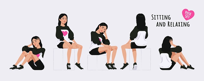 Asian girl, korean narrow eye woman sitting, resting relax pose set. Wearing cute oversized crewneck, loose sweatshirt, long sleeve, shorts. Cool looking teenager. Cartoon character illustration
