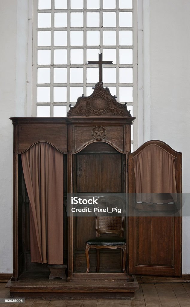 Confessional at Fort Louisburg, Nova Scotia Confession Booth in the Old Church at Fort Louisburg National Historic Site ... the door opened by itself ... (eek) Confession Booth Stock Photo