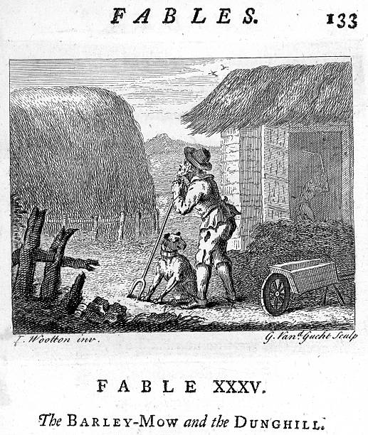Fable Barley Mow and the Dunghill Vintage engraving from 1753 of Barley Mow and the Dunghill. From the Fables of John Gay. antique pitchfork stock illustrations