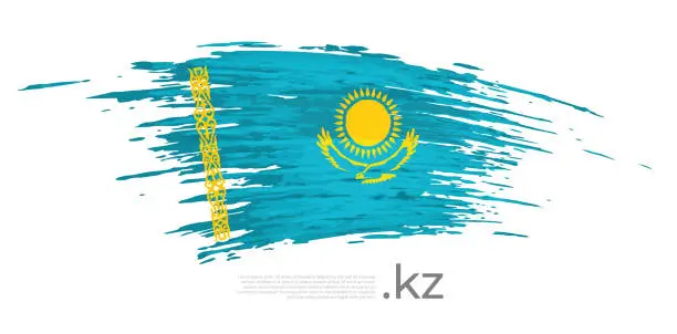 Vector illustration of Kazakhstan flag. Brush strokes, grunge. Drawn kazakh flag on white background. Vector design for national holiday, poster, template, place for text. State patriotic banner of kazakhstan, flyer