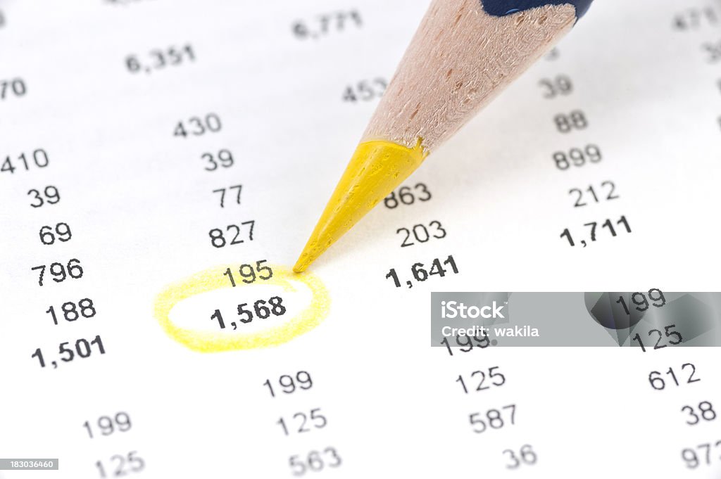 stock rating with yellow pen macro shot  in balance sheet. Number highlighted with yellow pen Advice Stock Photo