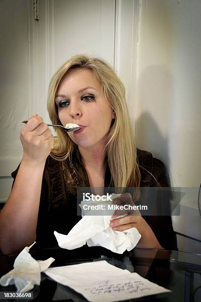 Sad Woman Drowns Sorrows In Ice Cream Stock Photo - Download Image Now - Contemplation, Spoon, Vanilla Ice Cream