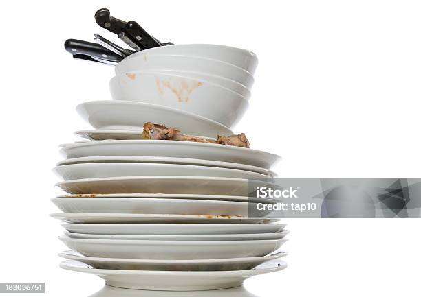 Stack Of White Dirty Dishes On A White Background Stock Photo - Download Image Now - Washing Dishes, Dirty, Plate