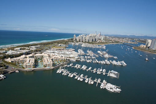 Gold Coast in Queensland Australia. Marina with luxury boats in the foreground.