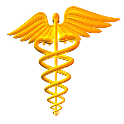 Caduceus symbol on white background.