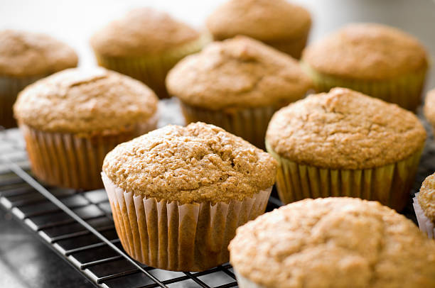 Close-up image of banana bran muffins on a cooling rack stock photo