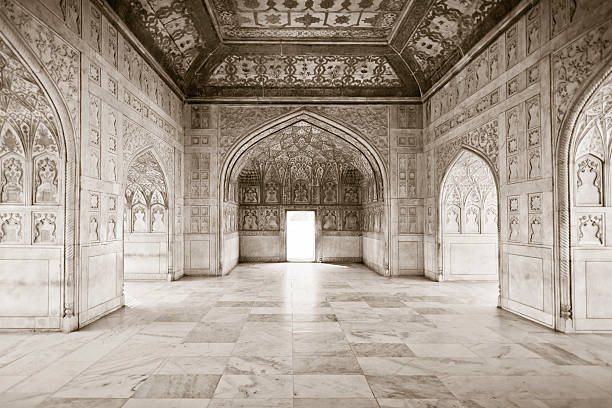 The Khas Mahal - Red Fort Agra India architecture - within the Khas Mahal / Red Fort Agra (toned in sepia) mughal empire stock pictures, royalty-free photos & images