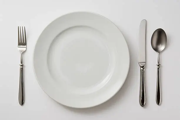 Close-up shot of dinner plate with cutlery isolated on white background.