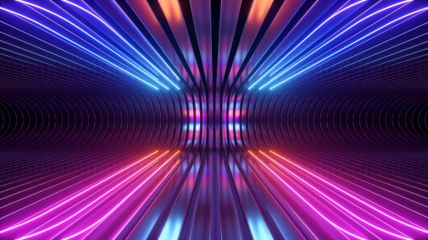 istock 3d render. Abstract futuristic neon background. Rounded red blue lines, glowing against a backdrop of metal strips. Ultraviolet spectrum. Cyber space. 1830394636
