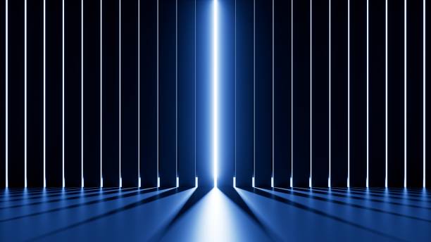 istock 3d render, abstract minimalist background. Window blinds, bright light goes through vertical slots 1830394654