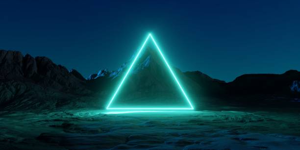 istock 3d render. Abstract fantastic background. Mint green neon hexagonal frame. Futuristic landscape of rocky mountain under the night sky. Extraterrestrial scenery. Virtual reality environment 1830395212