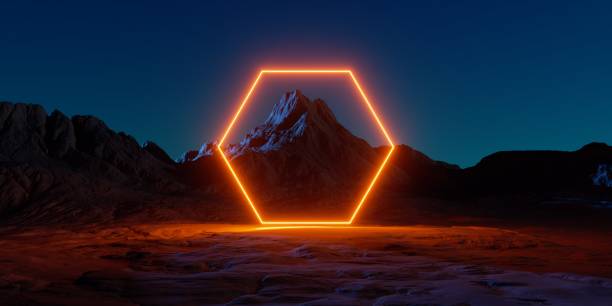 istock 3d render. Abstract fantastic background. Red glowing neon hexagonal frame. Futuristic landscape of rocky mountain under the night sky. Extraterrestrial scenery. Virtual reality environment 1830395723