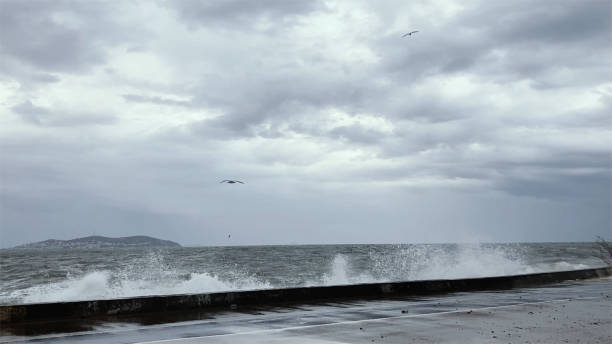 istock Waves Crash Into Coast and Wind on a Stormy and Rainy Day 1830396308