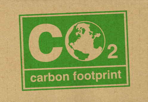 CO2 Carbon Footprint stamped onto the side of recycled cardboard in green ink. Earth drawn and created by myself