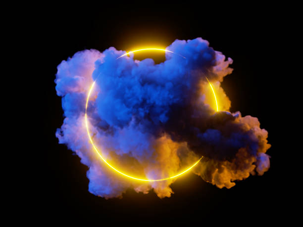 istock 3d render, glowing circle inside the abstract dark blue cloud illuminated with yellow neon light, isolated on black background 1830396900
