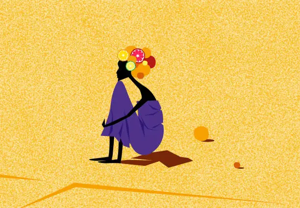 Vector illustration of African woman sitting in the desert. Black silhouette on sand background. Minimalistic flat design. Cartoon style.