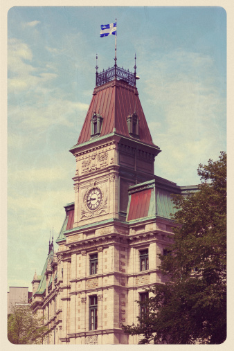 Retro-styled postcard of Quebec City's Chamber of Commerce. Part of a retro-postcard series.