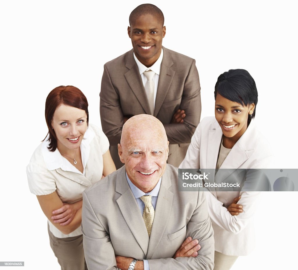 Top view of smiling business colleagues standing against white background Top view of smiling business colleagues standing with hands folded against white background Group Of People Stock Photo