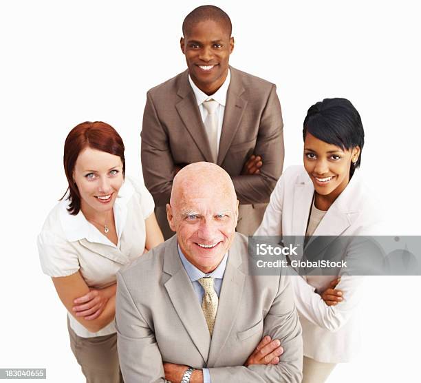 Top View Of Smiling Business Colleagues Standing Against White Background Stock Photo - Download Image Now