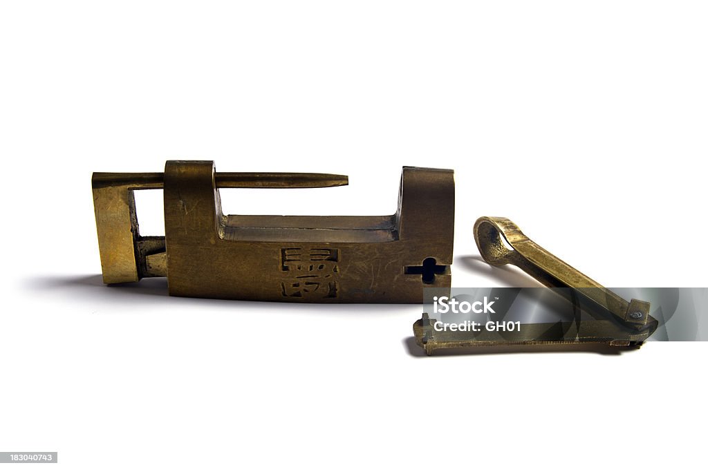 Antique Chinese Trunk Lock Vintage Chinese brass trunk lock / puzzle lock isolated on white Antique Stock Photo