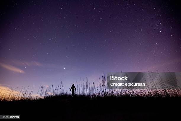 Silhouette Of A Boy Admiring The Purple Sky Stock Photo - Download Image Now - Looking Up, Sky, Star - Space