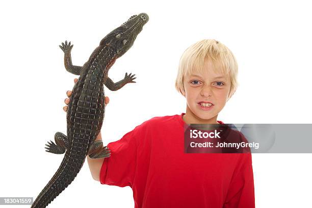 Foto de Parede Menino Com Um Crocodilo De Brinquedo e mais fotos de stock de 2000-2009 - 2000-2009, 8-9 Anos, Cabelo Liso