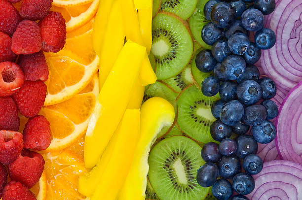 Colorful fruits and vegetables arranged in rainbow