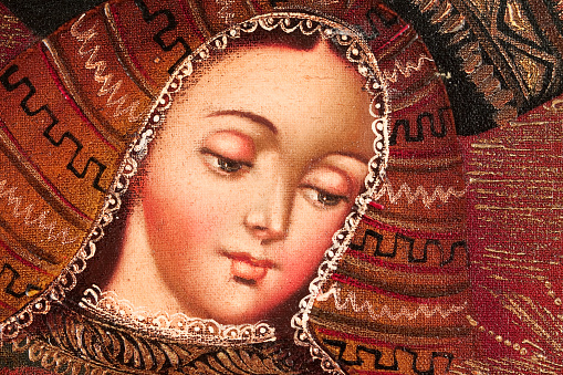 Close-up of Virgin Mary in a Cuzco baroque style paint.