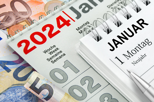 German calendar 2024 January 1  Monday New Year and Euro banknotes