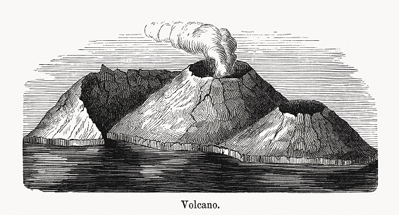 Historical view of Vulcano - an island of the Aeolian Islands in the Tyrrhenian Sea off the northern coast of Sicily. The current word for volcano is derived from the name of the island. In Roman mythology, the island was considered the forge of Vulcan, the Roman god of fire. Wood engraving, published in 1894.
