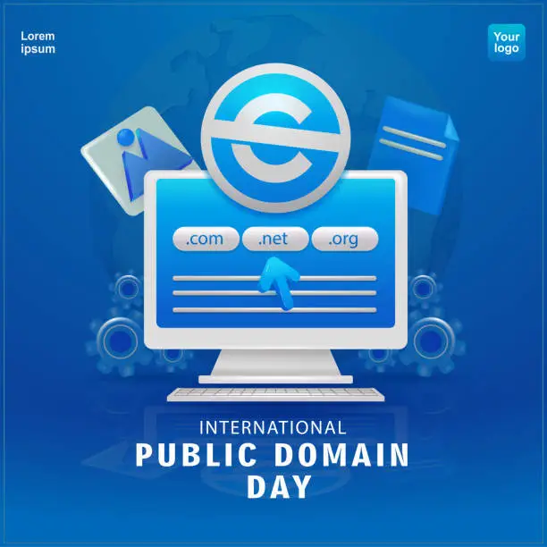Vector illustration of International Public Domain Day. Computer monitor with Public Domain logo and domain selection button. 3d vector, suitable for business, education and technology