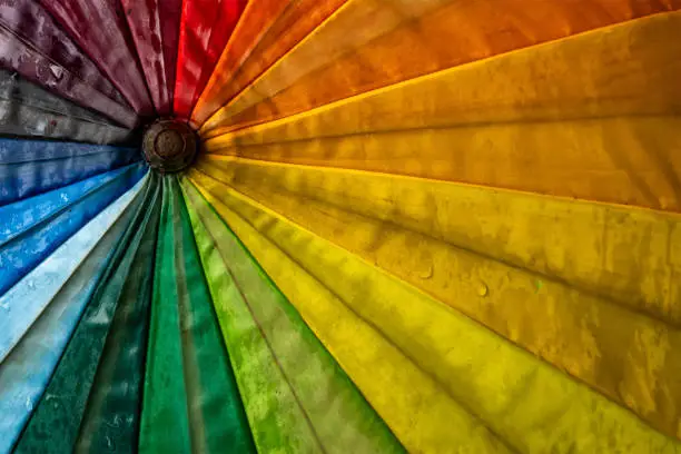 Partial view of a wet colorful umbrella, horizontal