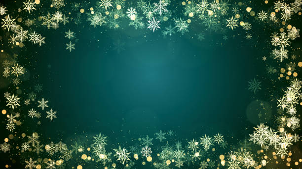 Christmas snowflakes frame with lights and particles on green background
