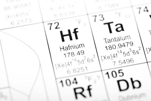 Periodic table detail for the elements Hafnium and Tantalum. Image uses an altered public domain periodic table as the source document. Part of a series covering all the elements