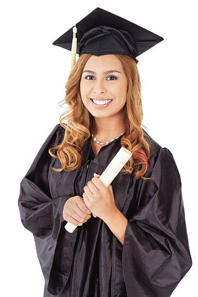 istock Posed Female Graduate With Diploma, Isolated on White 183044309