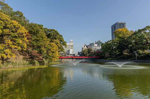 Beautiful Lake-River Bottom Pond with Red Wooden Bridge and Kawazokoike in Tennoji Park, Osaka, Japan during Autumn