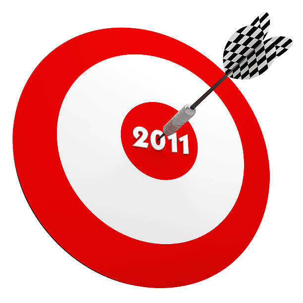 istock 3D Dart in Center of 2011 years Target 183044522