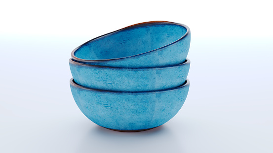 3D render of Empty three deep blue bowl for food isolated on white background,
