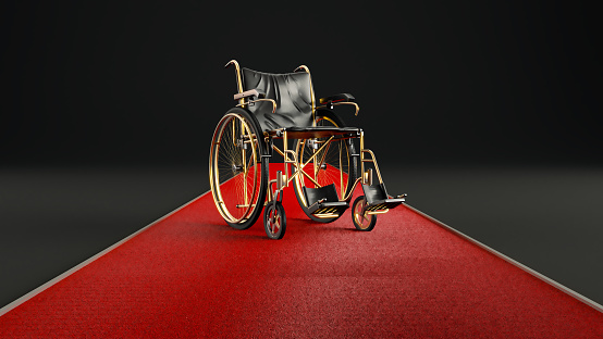 3D render of red carpet leading to wheelarmchair on a dark background