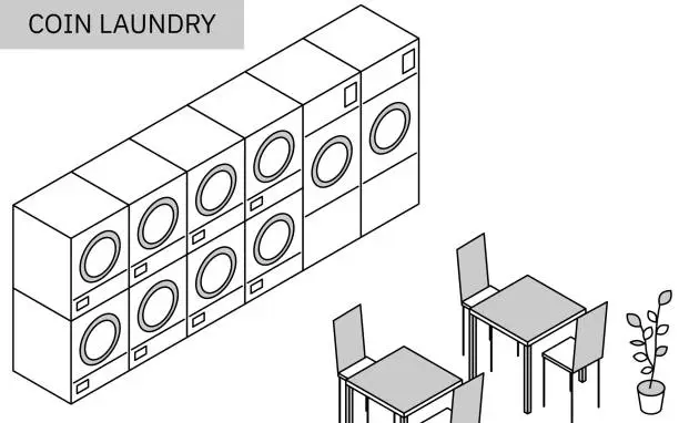 Vector illustration of Simple line drawing coin laundry, isometric illustration